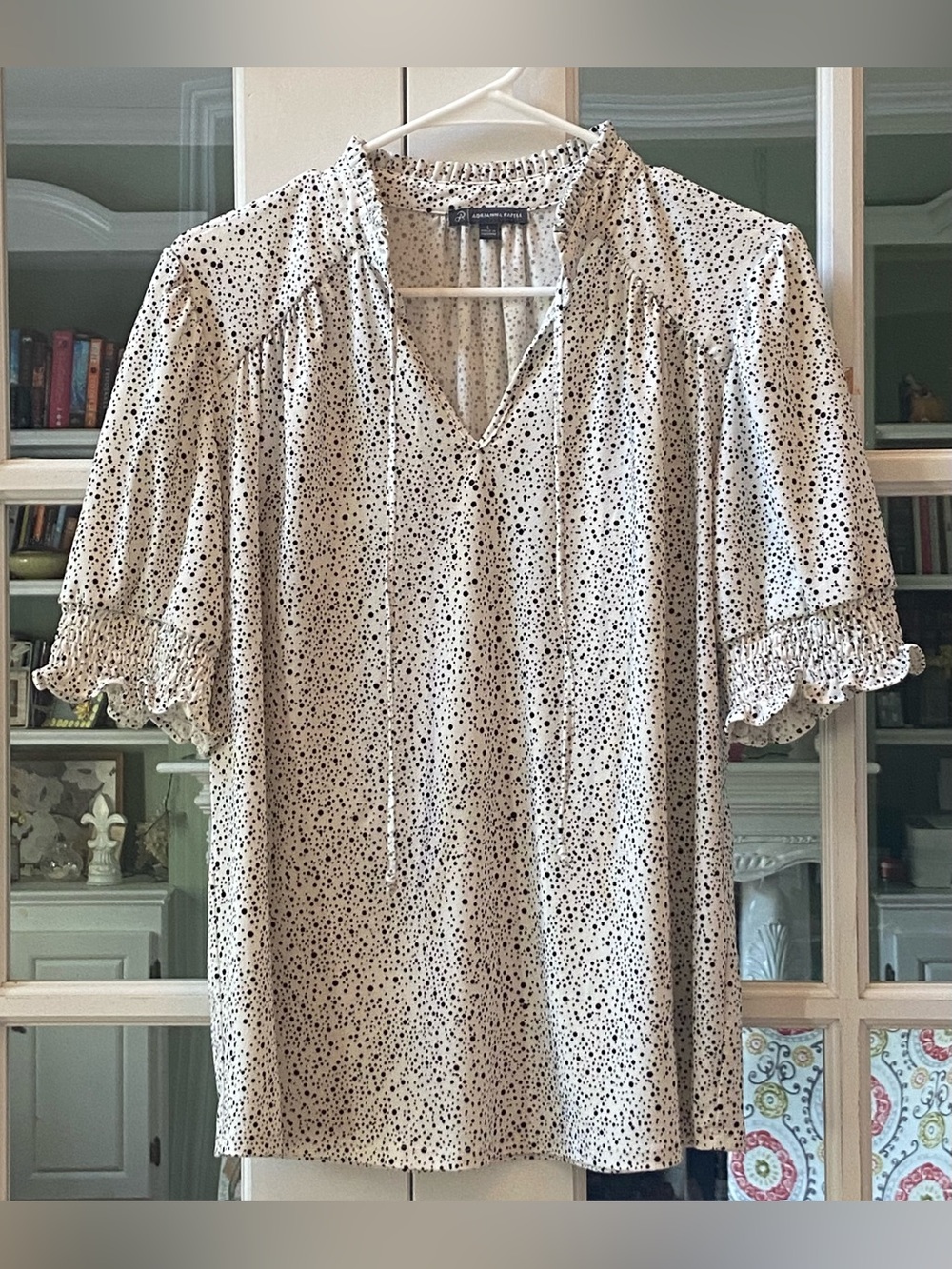 Adrianna Papell White Blouse with Black Dot Print Size Large